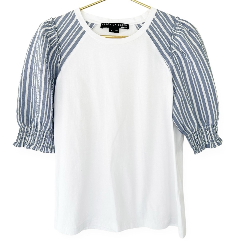 Veronica Beard White Tee with Blue Striped Puff Sleeves and Elastic Cuffs